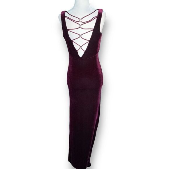 Vintage 90s Maxi Dress Burgundy Velvet Gown Criss-Cross Open Back Column Prom - Picture 10 of 14